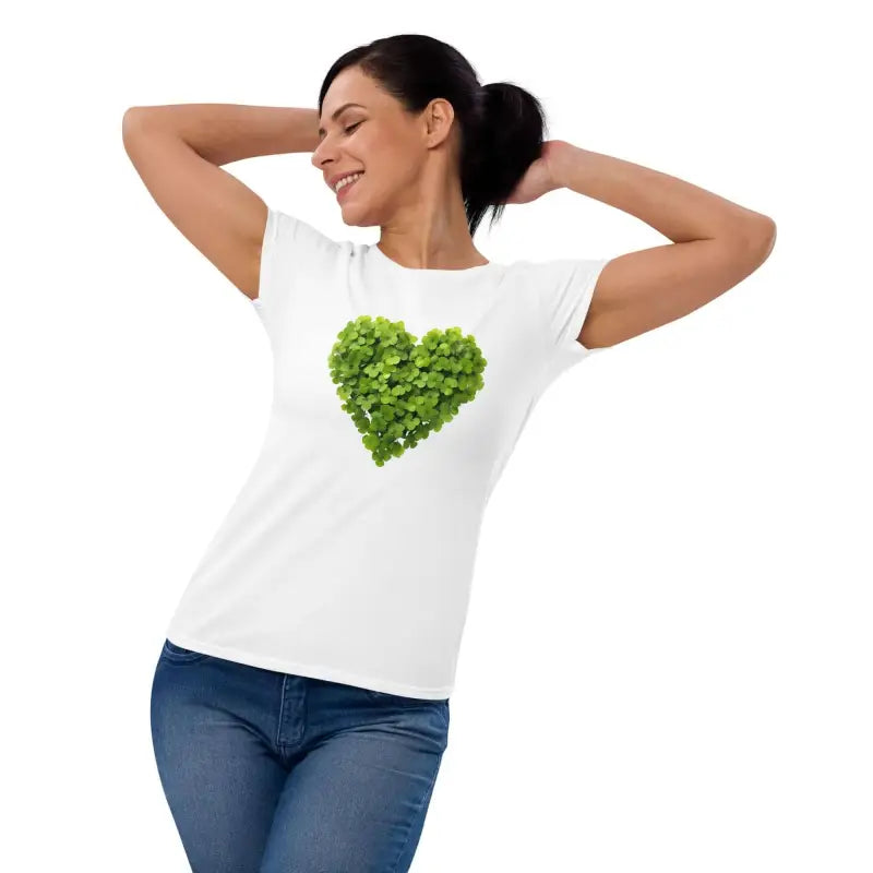 White t-shirt with green shamrock heart design for plant parents and nature lovers