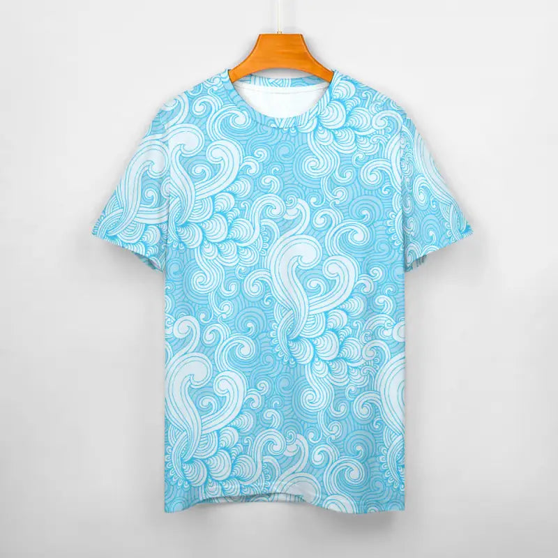 Light blue t-shirt with white paisley pattern in women’s blue swirl print style