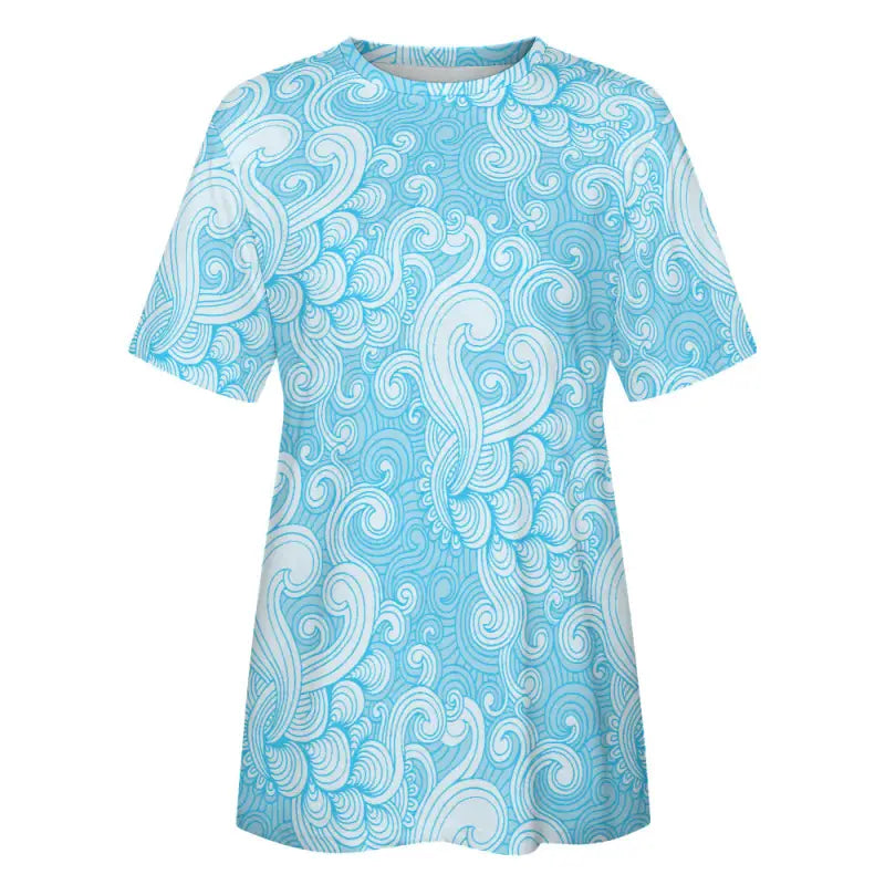 Light blue t-shirt with white paisley pattern in women’s blue swirl print