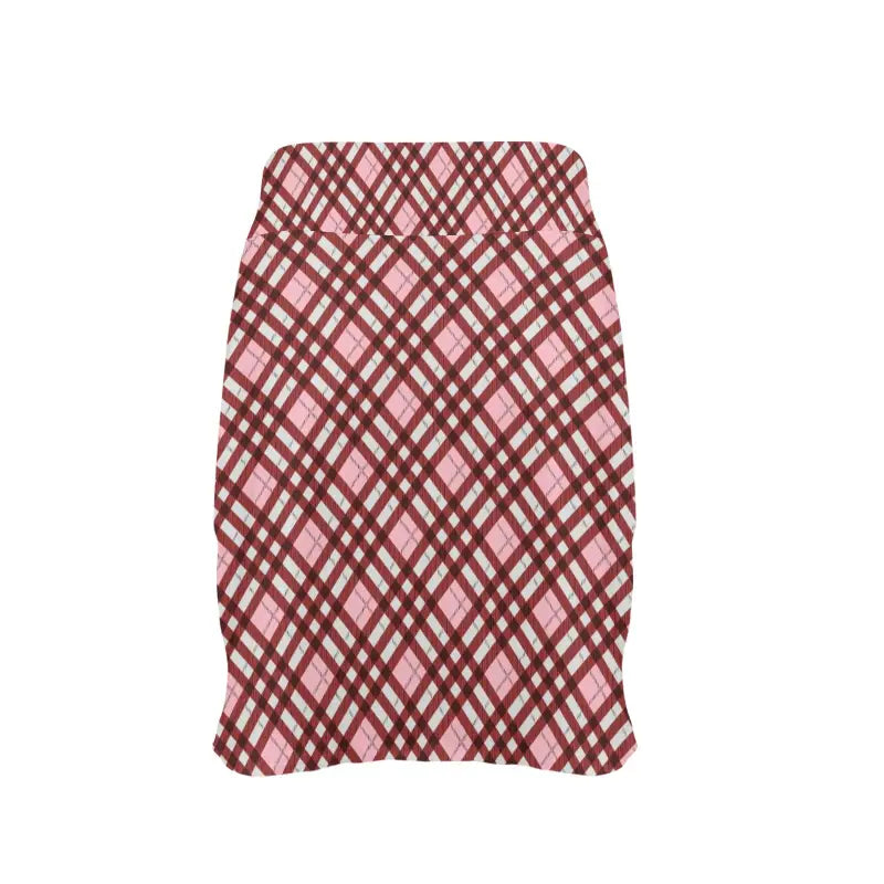 Pink and brown plaid pencil skirt perfect for women’s golf skort style on the course