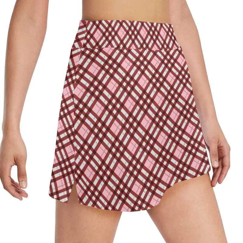 Pink and burgundy plaid pleated tennis skirt for a stylish women’s golf skort