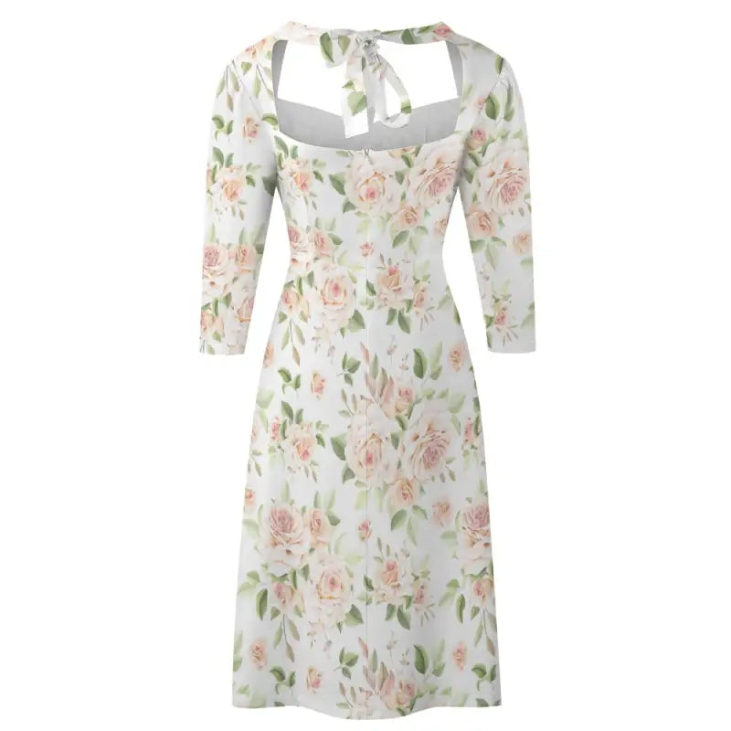 Floral print dress with three-quarter sleeves and a rose print sweetheart neckline