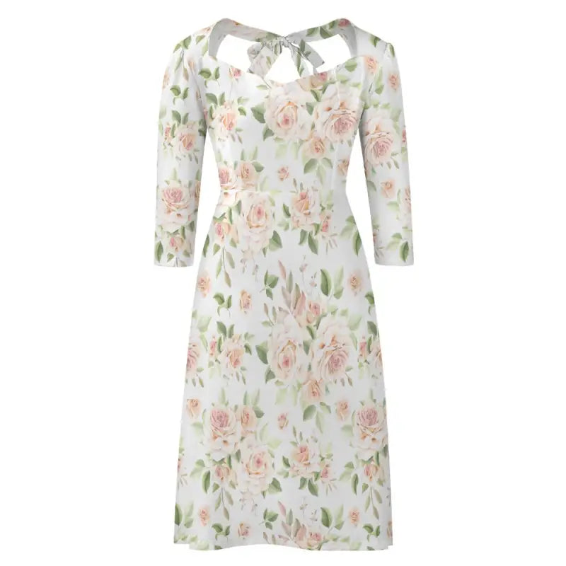 Floral dress with three-quarter sleeves and a cute rose print sweetheart neckline