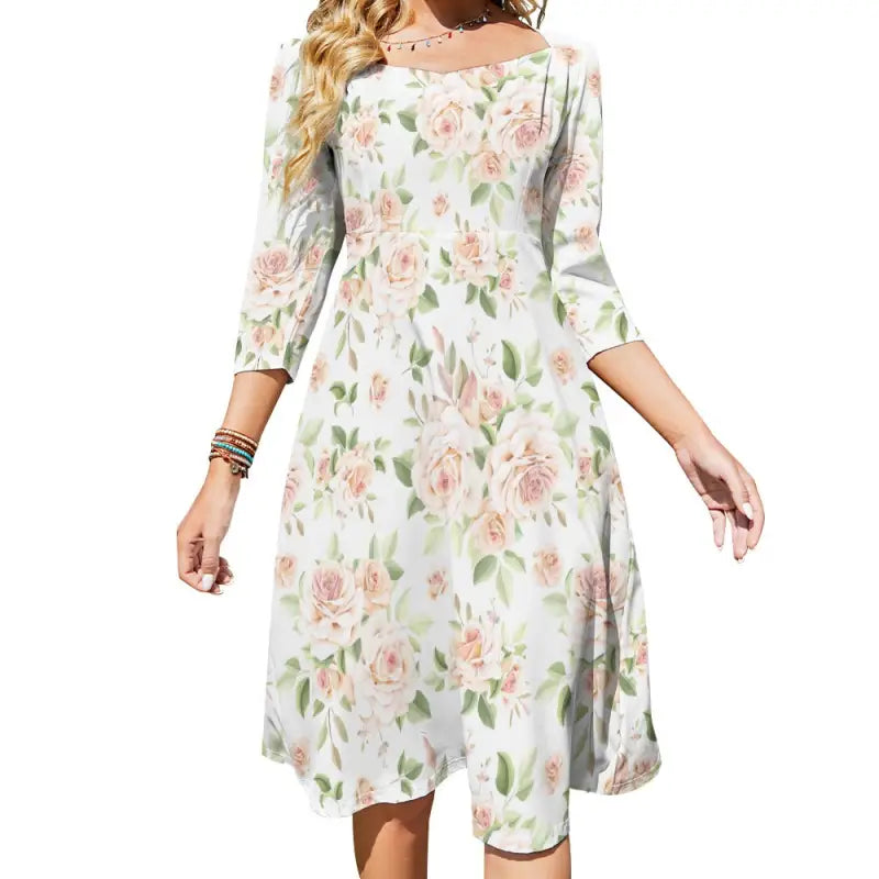 Floral print off-shoulder dress with rose print sweetheart neckline and knee-length skirt