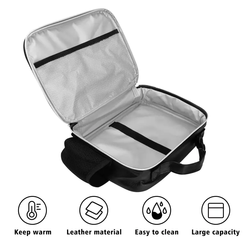 Open black insulated lunch bag with gray lining and compartments, perfect for floral lunch vibes