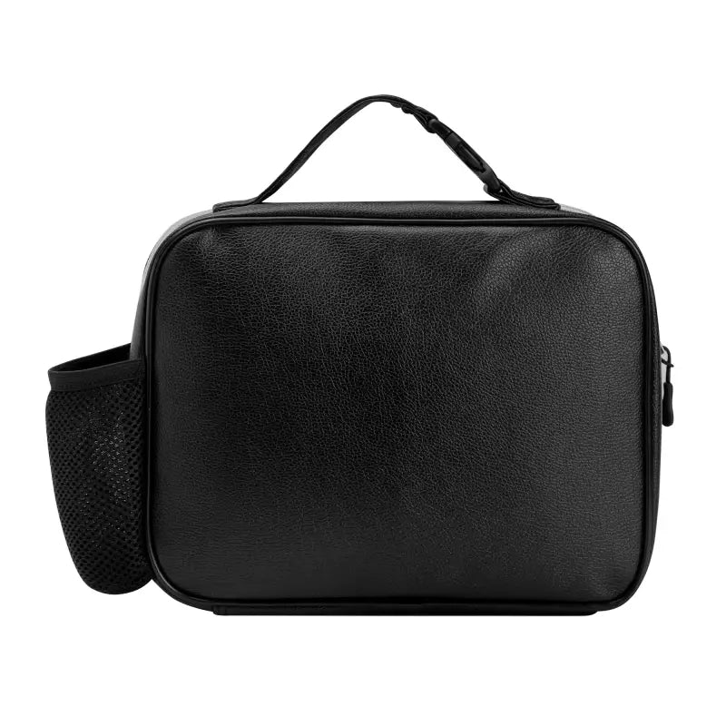Black rectangular lunch bag with handle and side pocket for floral lunch fun