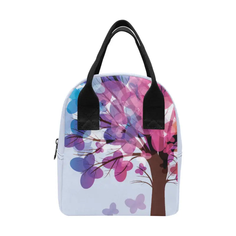 Colorful insulated lunch bag with whimsical tree design for fun day trips or school