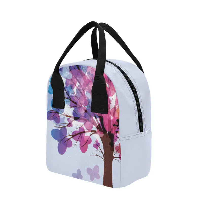 Colorful insulated lunch bag with tree design, perfect for butterfly insulated lunch on day trips