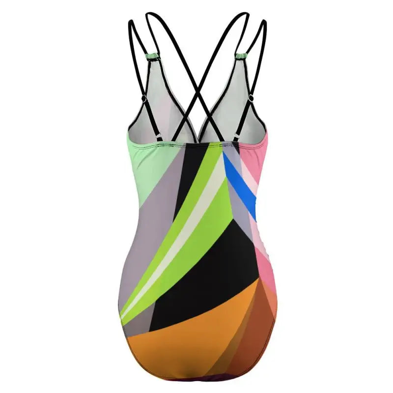 Colorful geometric pattern one-piece swimsuit with thin straps in green abstract pattern