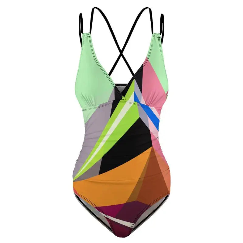 Colorful geometric pattern one-piece swimsuit with criss-cross straps in green abstract pattern