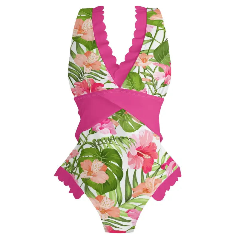 Floral print swimsuit bathing suit with ruffle edge cross-front and pink trim