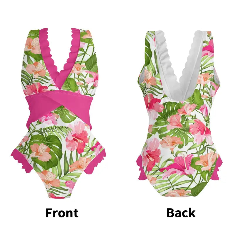 Tropical floral print swimsuit with ruffle edge cross-front design and V-neckline