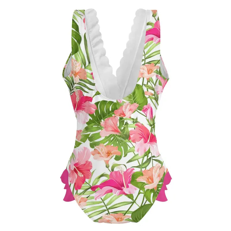 Floral ruffle edge cross-front swimsuit with plunging V-neck and tropical hibiscus print