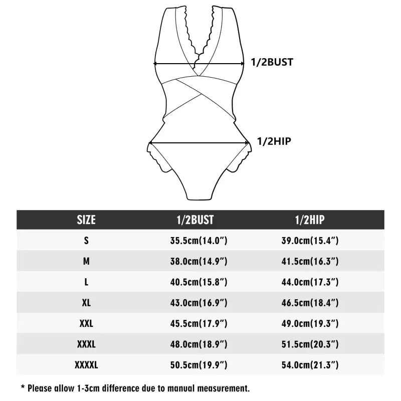 Size chart for Ruffle Edge Cross-Front Swimsuit showing bust and hip measurements