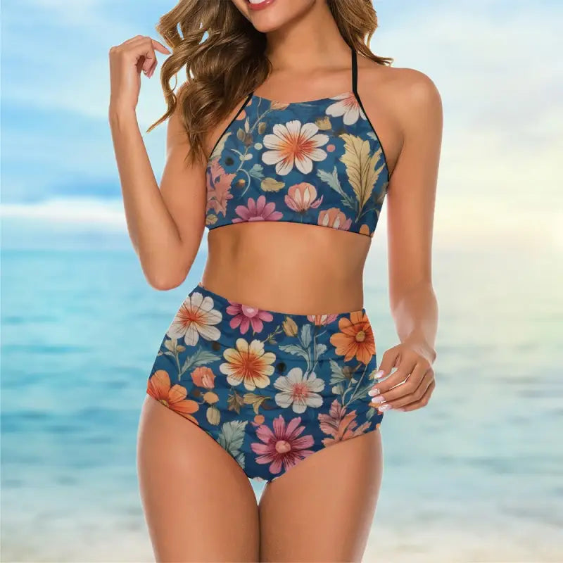 Cute suspender two piece bikini in blue floral print, perfect for mermaids at heart