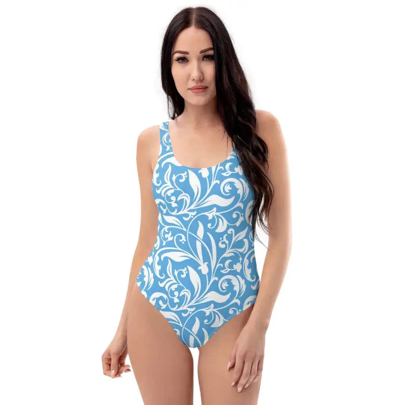 Blue floral one-piece swimsuit with a fun pattern, perfect for sunny beach days
