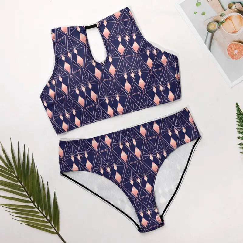 Two-piece Navy and Pink Deco Halter Bikini perfect for ladies art deco style fun