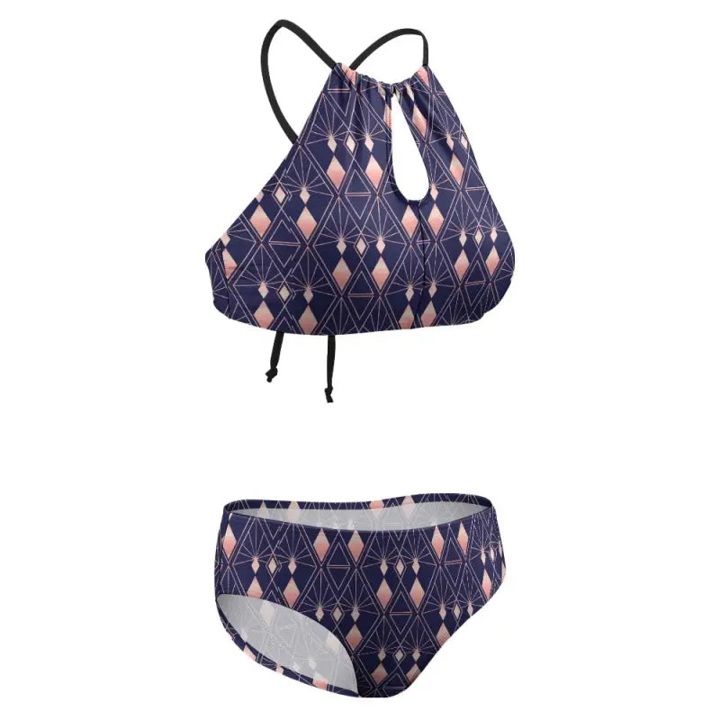 Two-piece Navy and Pink Deco Halter Bikini with a geometric diamond pattern