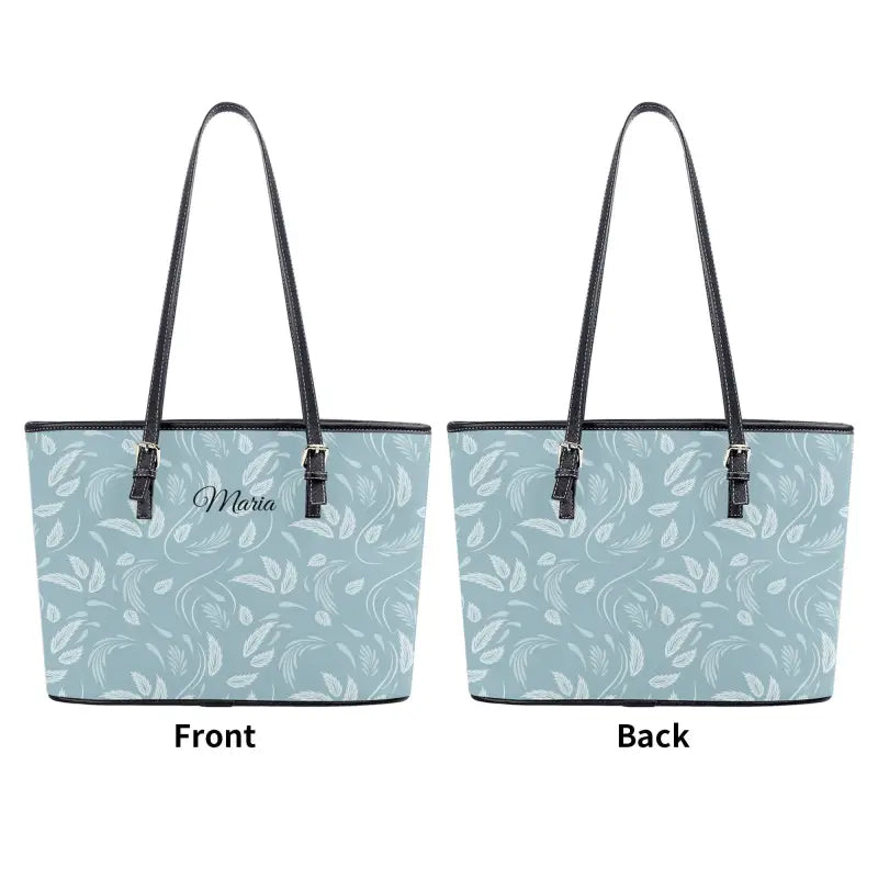 Pale blue floral shoulder tote bag with leaf pattern and Mom text, front and back views