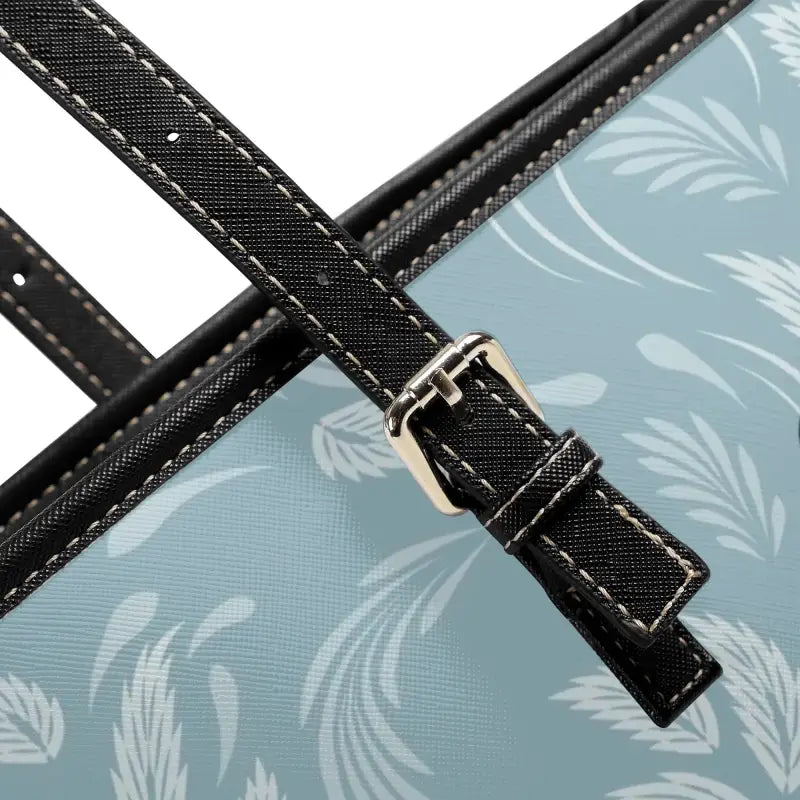Light blue floral pattern handbag with black leather straps, perfect floral shoulder tote bag