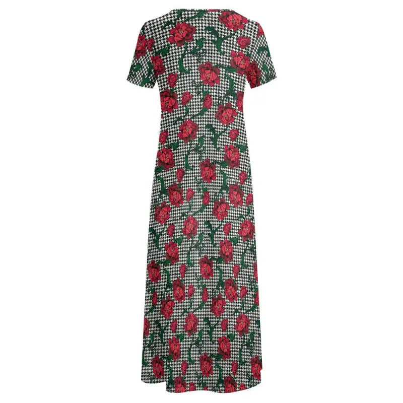 Floral print maxi dress with short sleeves on a houndstooth background - a delightful blend