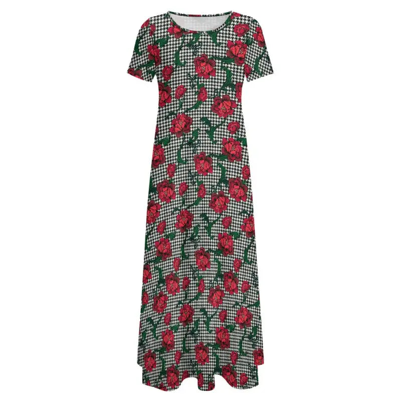 Floral print maxi dress with short sleeves against a houndstooth backdrop for a delightful blend