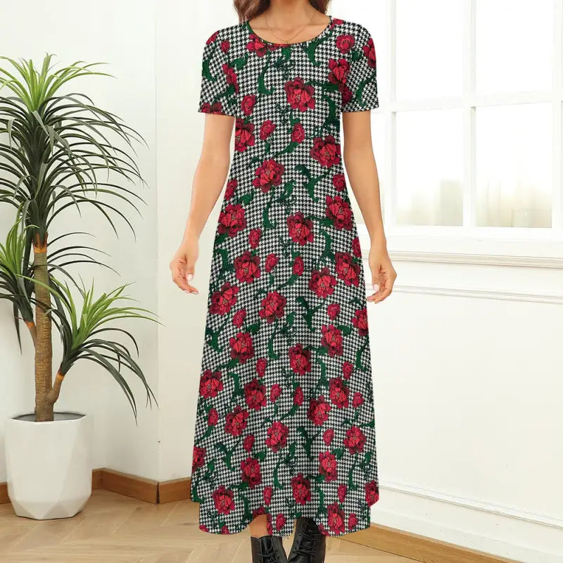 Floral print short sleeve dress with a houndstooth background for a delightful blend