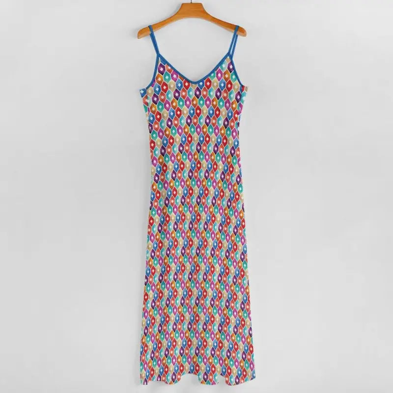 Colorful geometric spaghetti strap ankle long maxi dress ready for sunshine and picnics