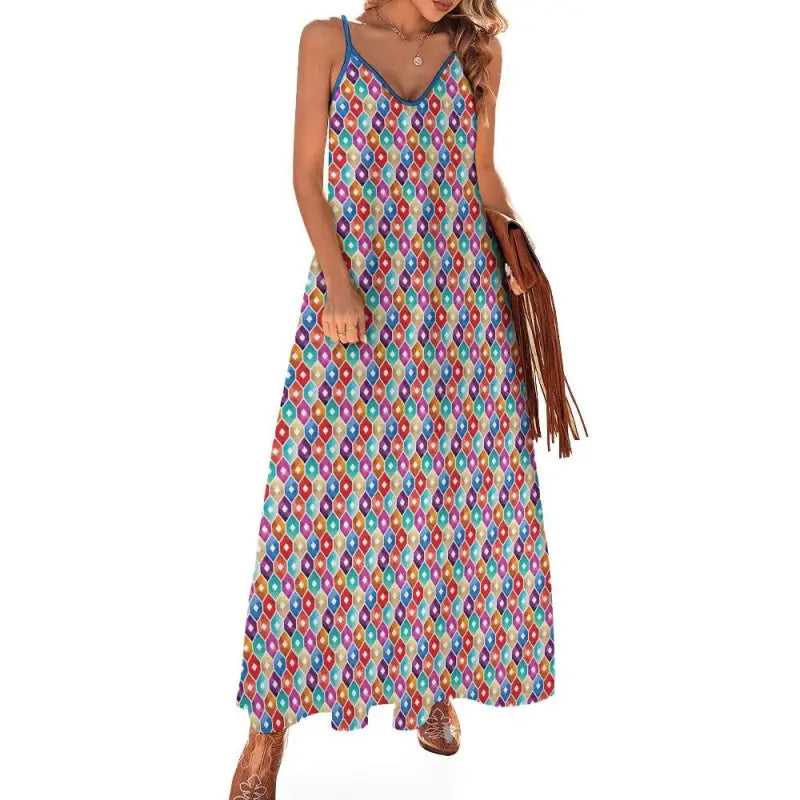 Colorful spaghetti strap ankle long maxi dress with a fun geometric diamond pattern