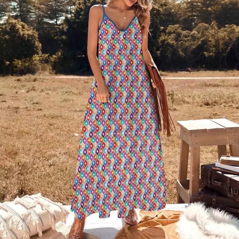 Colorful geometric spaghetti strap ankle long maxi dress perfect for picnics and sunshine