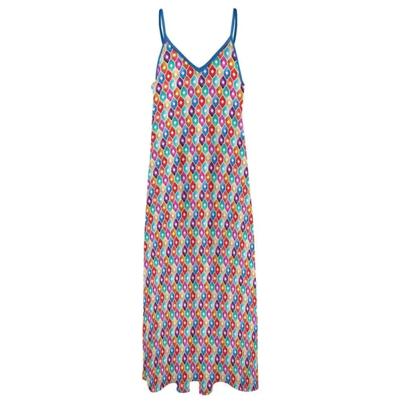 Colorful geometric spaghetti strap ankle long maxi dress perfect for picnics and sunshine