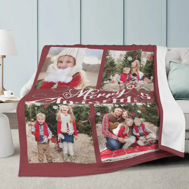 Cozy premium fleece blanket with family Christmas pics and Merry text for snuggling