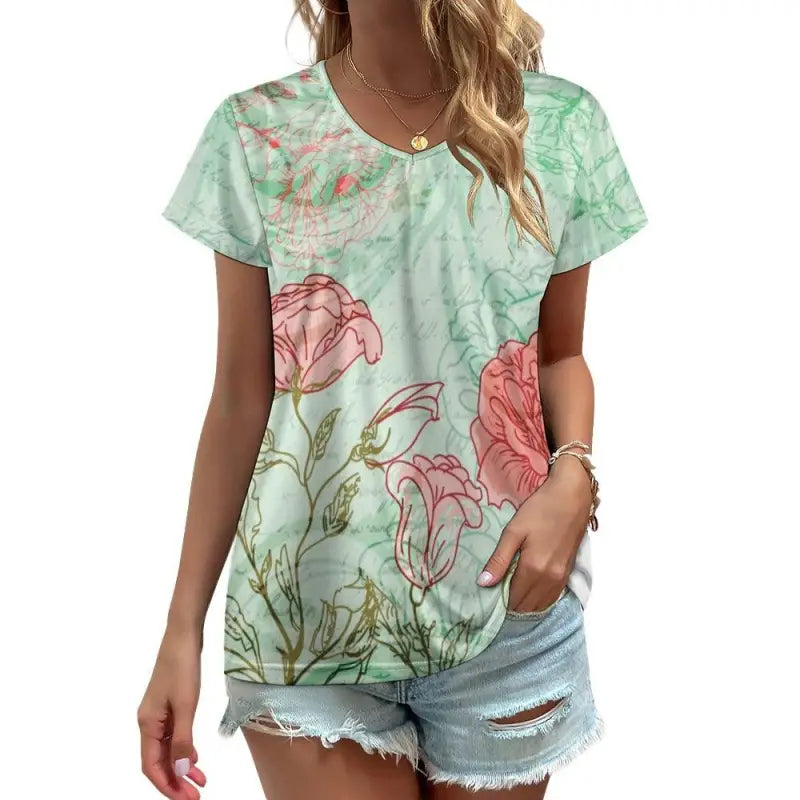 Minty Fresh Floral V-Neck T-Shirt with pink flowers on mint green, perfect loose fit
