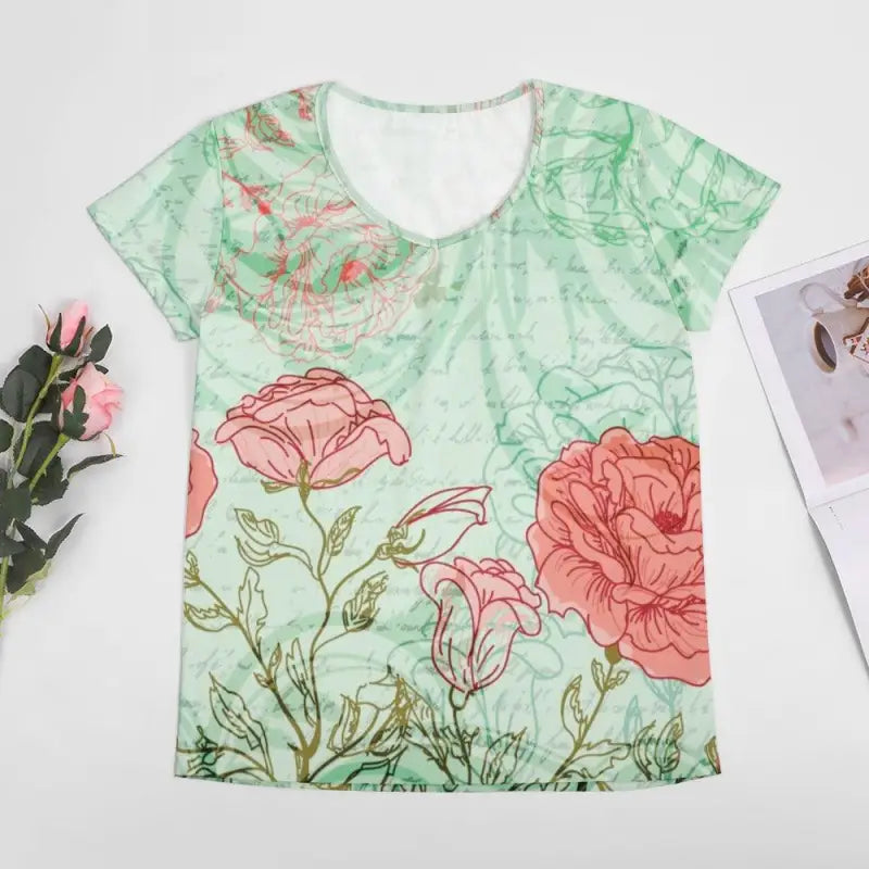 Floral-patterned loose fit V-neck t-shirt with pink roses on mint green background