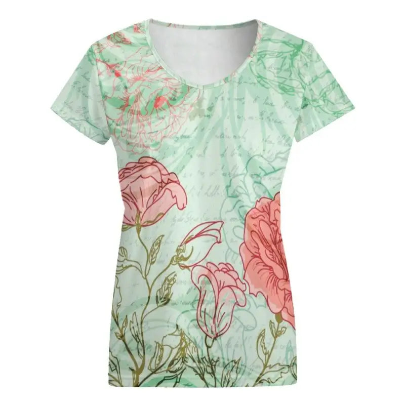 Floral-patterned women’s V-neck t-shirt with mint green background and pink flowers