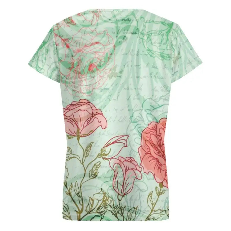 Minty Fresh Floral V-Neck T-Shirt with pink roses on pale green, perfect loose fit