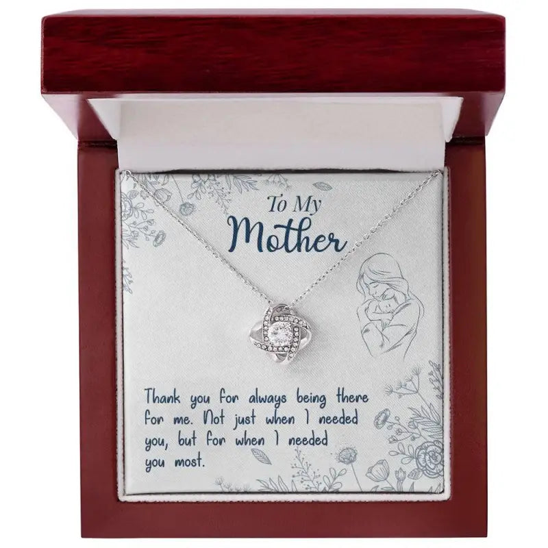 Beautiful necklace in a gift box, featuring a heartfelt message for Mom in 14k white gold
