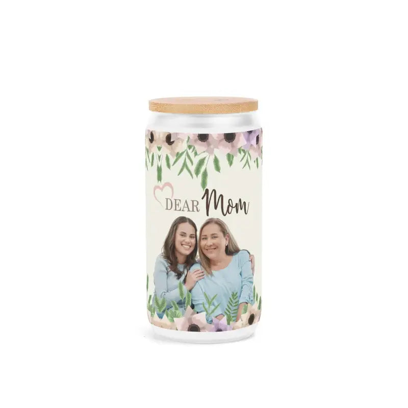 Decorative frosted 16oz glass jar with a bamboo lid, perfect for beer and cocktails