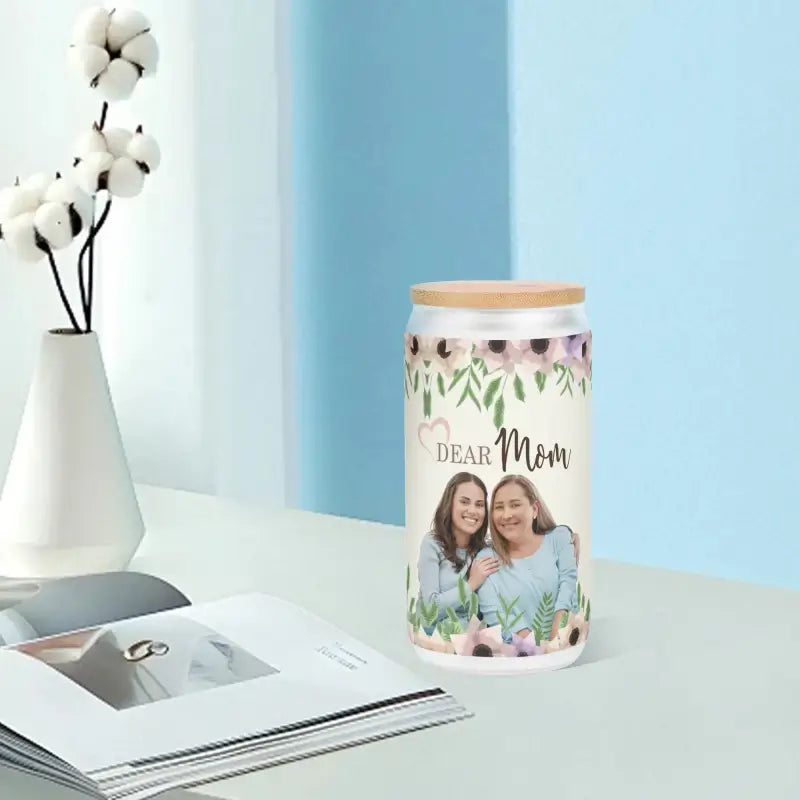 Decorative canister with floral design and Dear Mom text for storing traditional cocktails