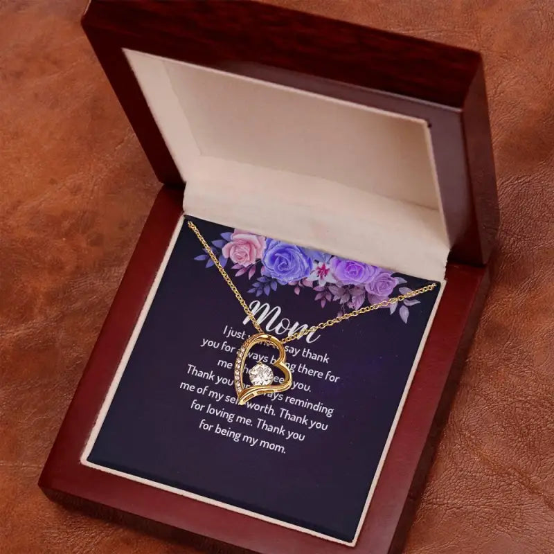 Gold necklace with love heart pendant in box, perfect gift for Mom’s Forever Love