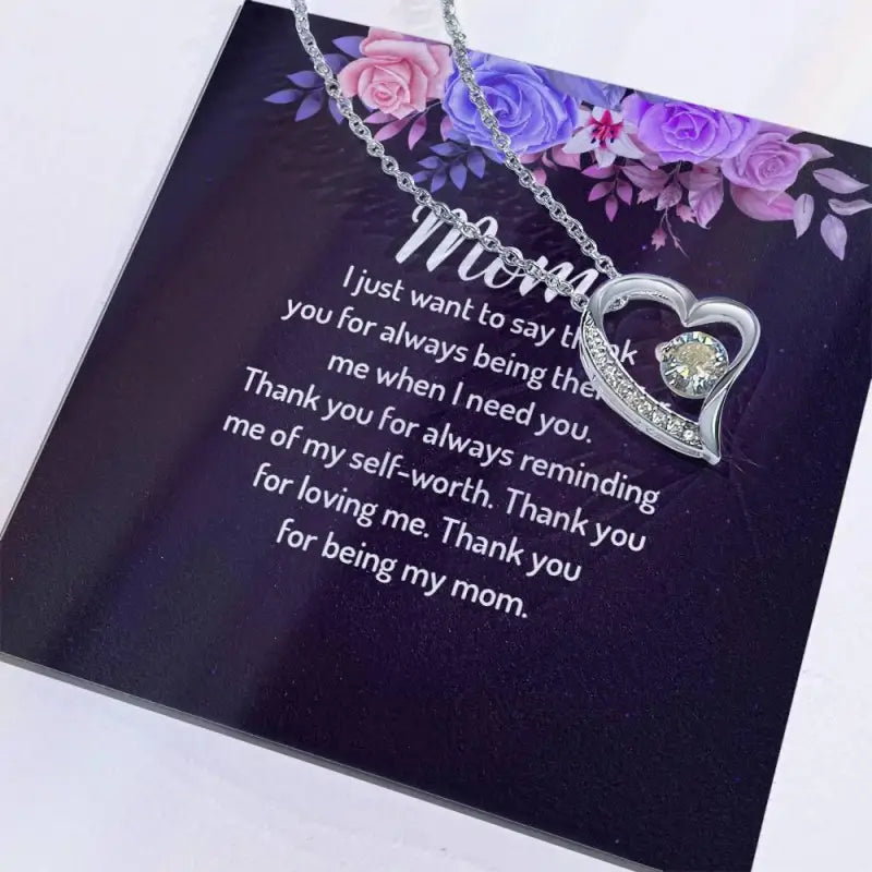 Sentimental greeting card for Mom featuring floral design and Mom’s Forever Love Heart Necklace