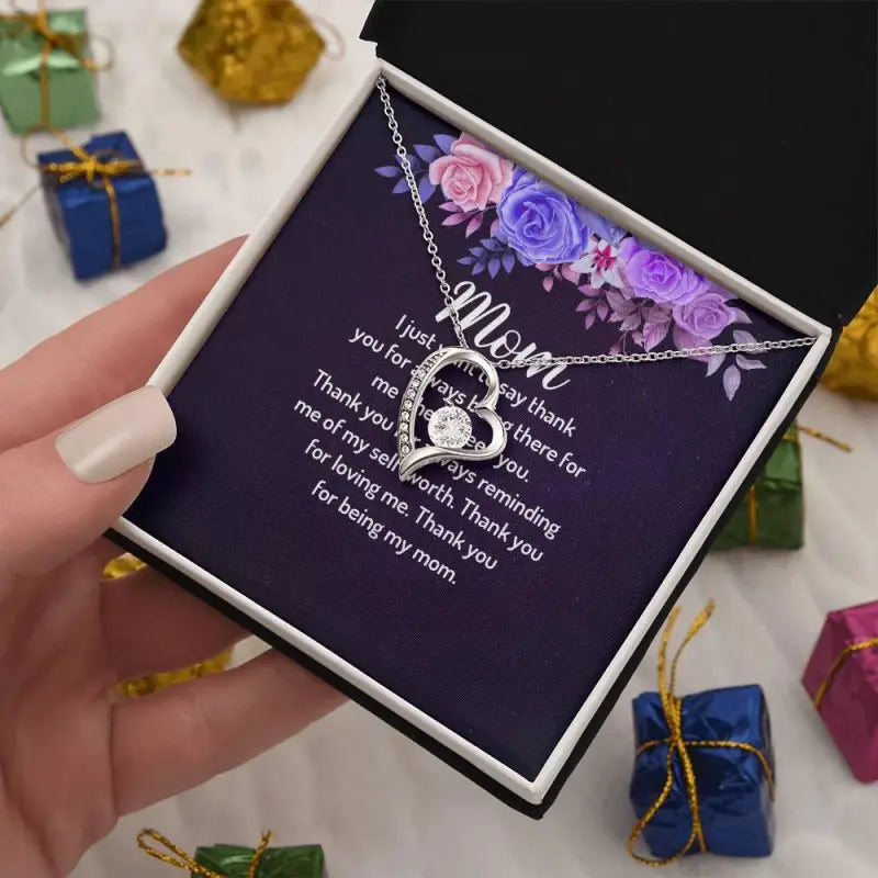 Heart-shaped love heart necklace with floral decor and message card for Mom’s Forever Love
