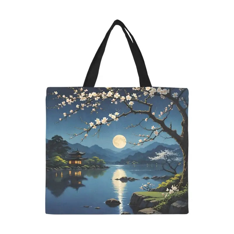 Moon Lake Magic Tote showcases a serene nighttime landscape with cherry blossoms