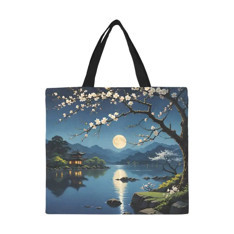 Moon Lake Magic Tote featuring a serene nighttime landscape with cherry blossoms