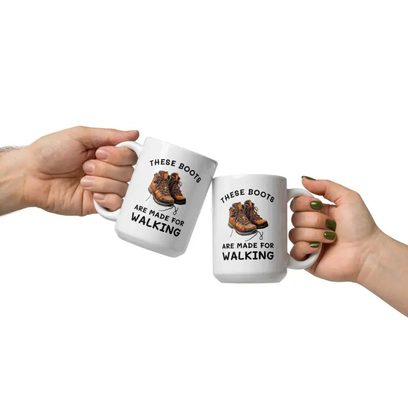 Two white ceramic mugs with hiking boots design for outdoor lovers and hikers gifts