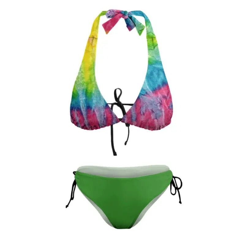 Colorful tie-dye halter bikini top with solid green bottom for the ultimate multi color bikini look