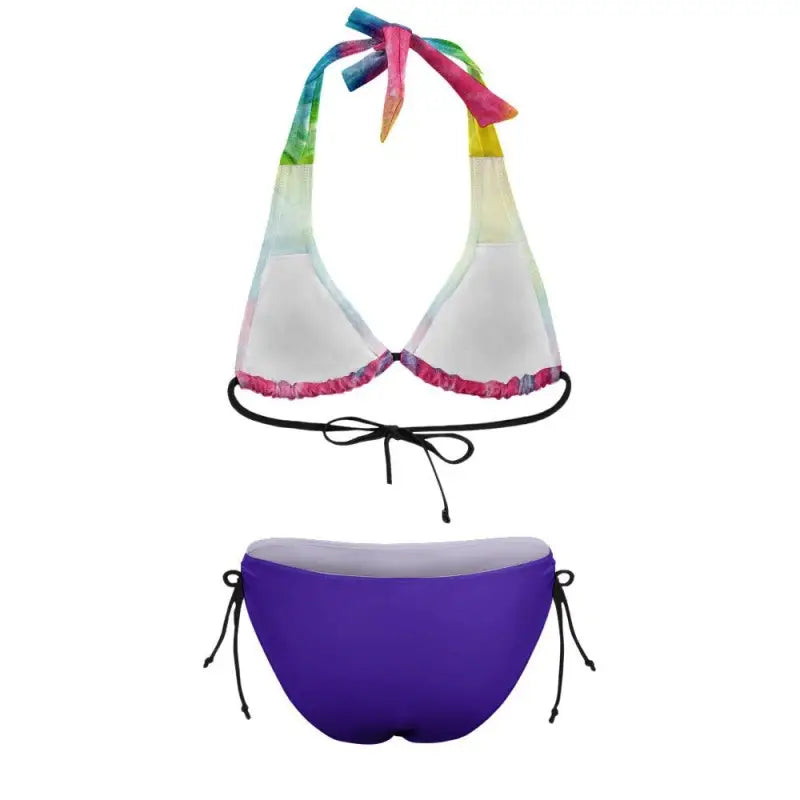 Colorful two-piece multi color bikini swimsuit with white halter top and purple bottom