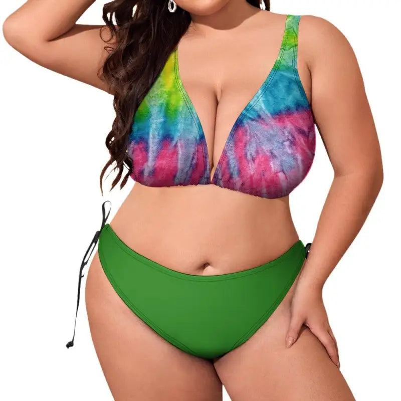 Colorful tie-dye bikini top with solid green bottom from the Multi Color Bikini collection