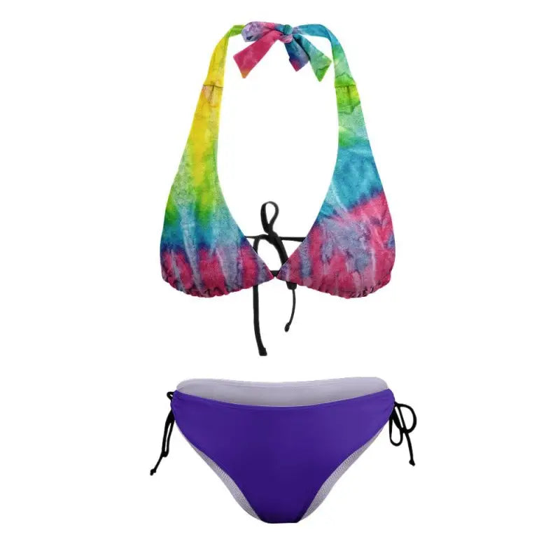 Colorful tie-dye halter bikini top with solid purple bottom for the ultimate multi color bikini