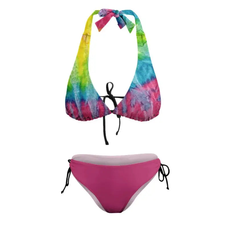 Colorful tie-dye halter bikini top with solid pink bottom in a fun multi color bikini